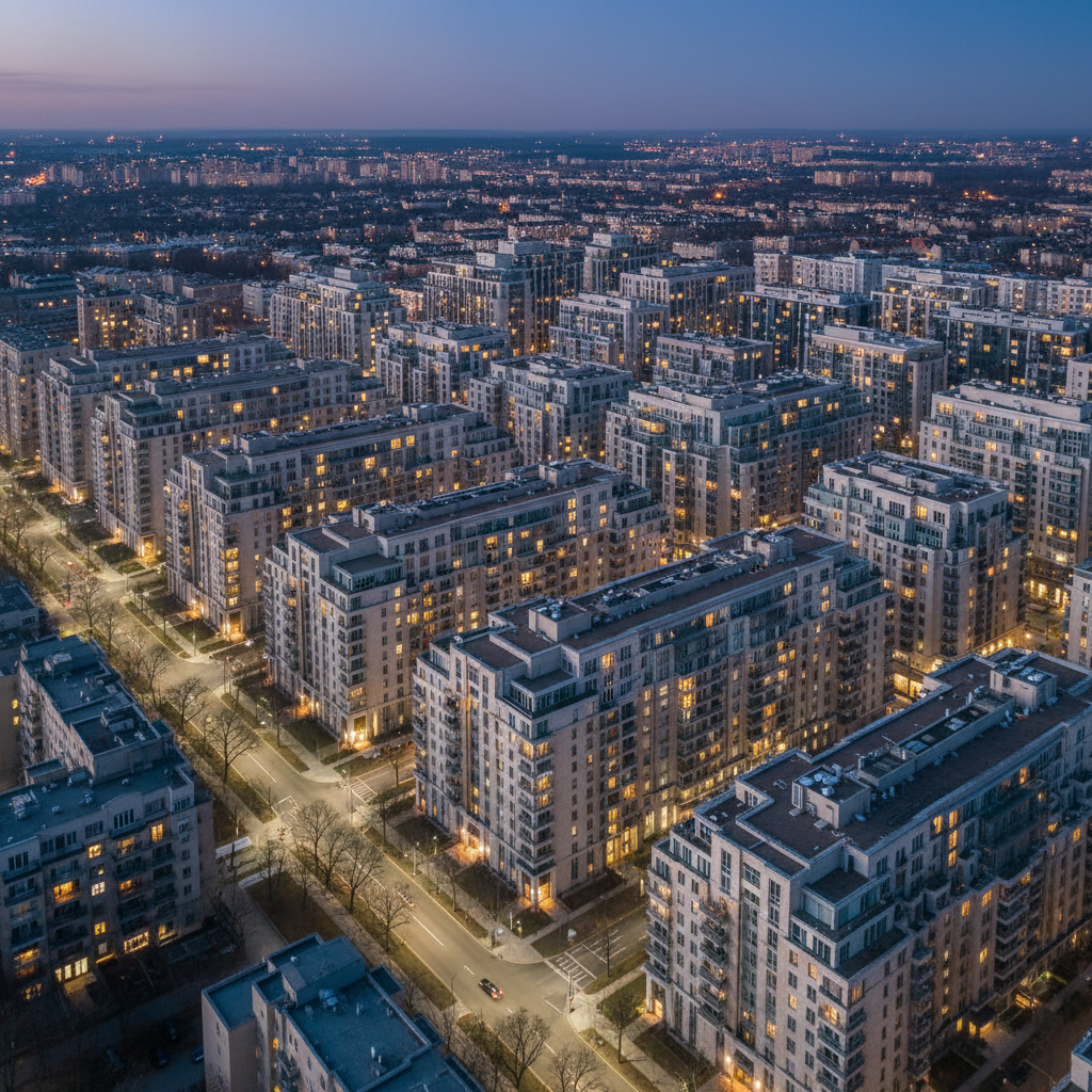 A striking aerial photographic view of a well-planned urban residential district at twilight, with orderly rows of mid-rise apartment buildings featuring varied but harmonious façades in light stone, glass, and muted tones. Warm interior lights glow from individual units, suggesting occupancy and comfort, while streetlights trace clean lines along wide, tree-bordered avenues. The remaining daylight casts a cool blue over rooftops, contrasting with the warm windows below. The composition uses a slightly diagonal perspective to emphasize structure and precision within the city fabric, conveying a sense of scale, order, and the professional scope of a real estate firm managing multiple properties efficiently.