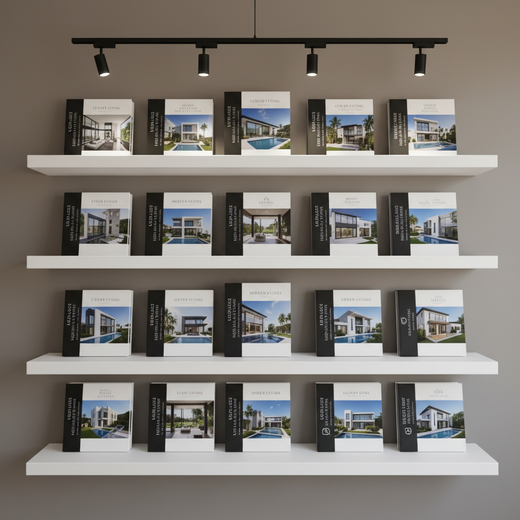 A meticulously arranged real estate marketing corner, featuring a floating white shelf wall with perfectly aligned, high-gloss property brochures and hardcover portfolio books. Each cover shows crisp, architectural photography of luxury homes and modern apartments, printed with subtle spot UV accents that catch the light. The wall behind is a smooth, warm gray, and a slim black track light above casts focused, soft beams, creating controlled highlights and refined shadows. Shot straight-on at eye level in photographic realism, the image feels polished and professional, emphasizing precision in presentation, brand consistency, and the passion for showcasing properties with clarity and style.